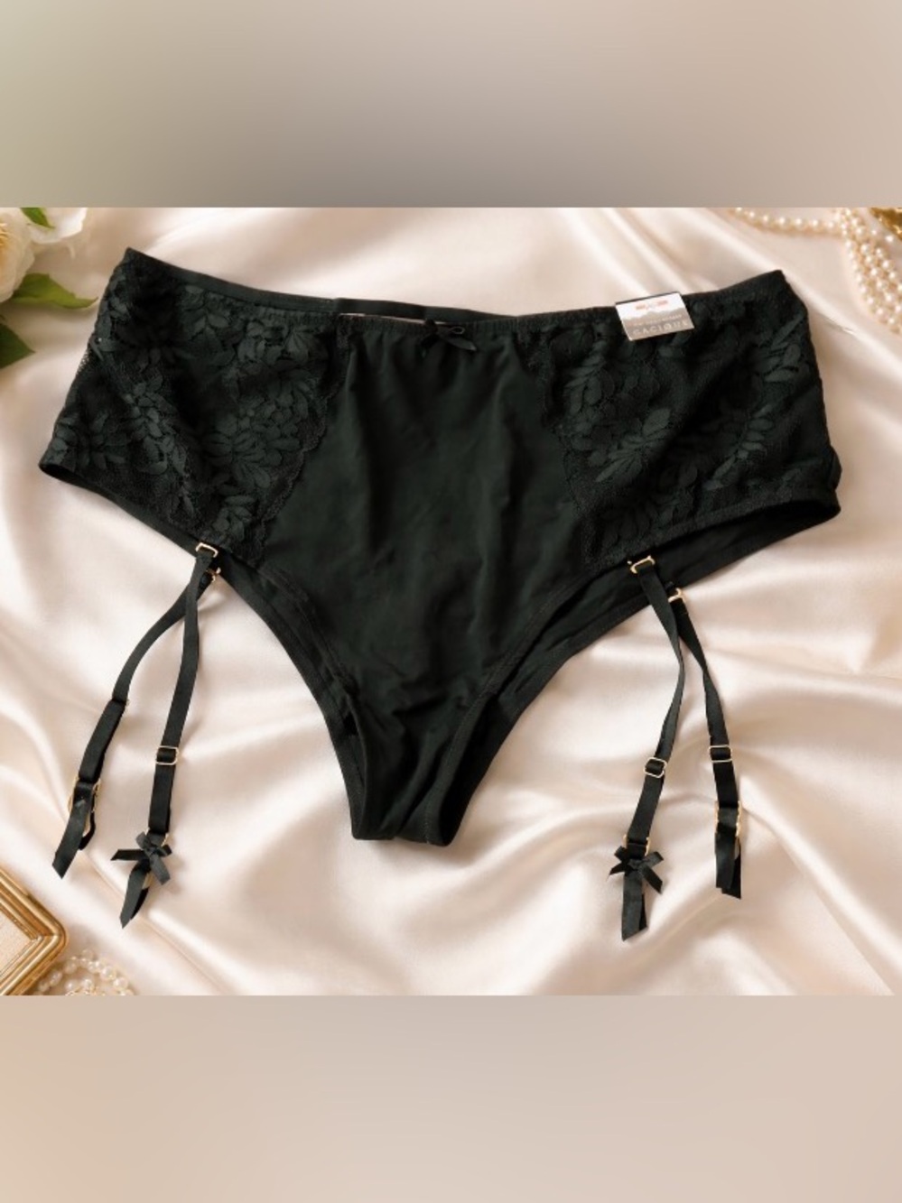 Cacique NWT Black High-Waist Garter Briefs with Lace Panels